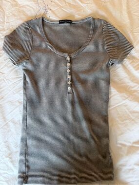 Brandy Melville Blue & White Striped Henley Short Sleeve Tee